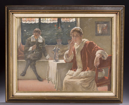 Walter MacEwen (NY/Illinois/France, 1860-1943), interior scene of pensive woman with man smoking in background, 18½in x 22in, est. $4,000-$6,000. Quinn’s Auction Galleries image